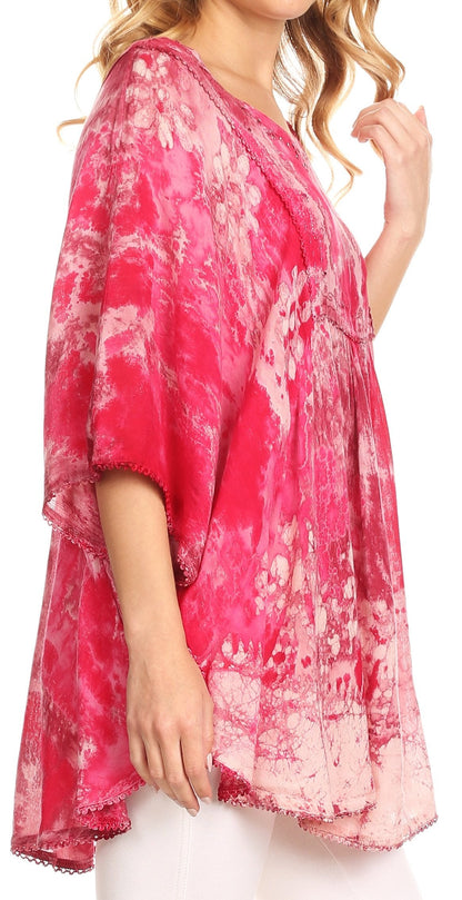 Sakkas Vanya Floral and Palm Tree Batik Circle Top with Sequins and Embroidery