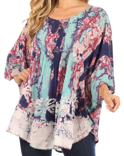 Sakkas Vanya Floral and Palm Tree Batik Circle Top with Sequins and Embroidery