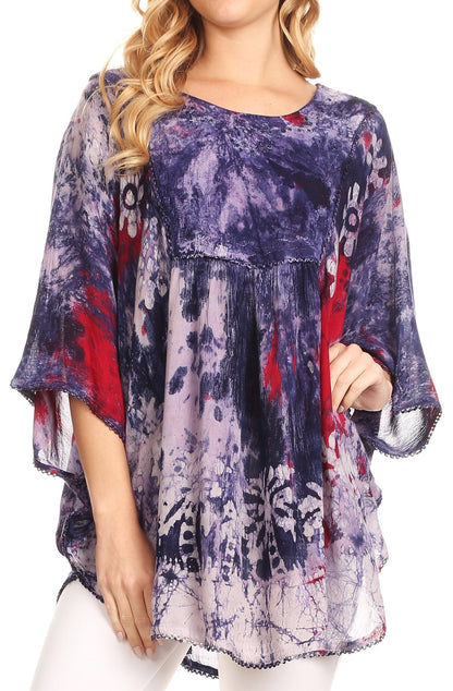 Sakkas Vanya Floral and Palm Tree Batik Circle Top with Sequins and Embroidery