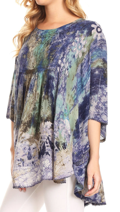 Sakkas Vanya Floral and Palm Tree Batik Circle Top with Sequins and Embroidery