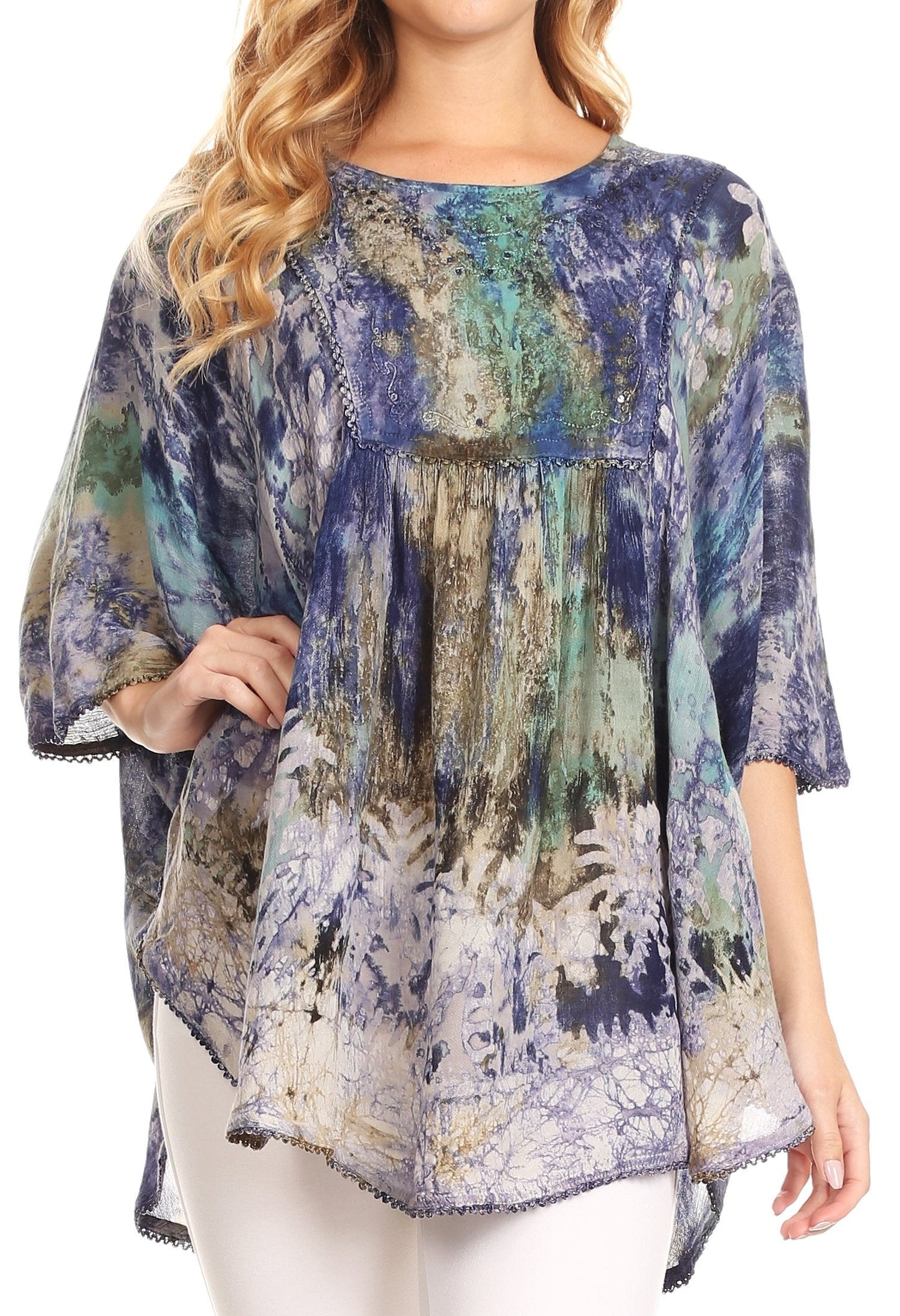 Sakkas Vanya Floral and Palm Tree Batik Circle Top with Sequins and Embroidery