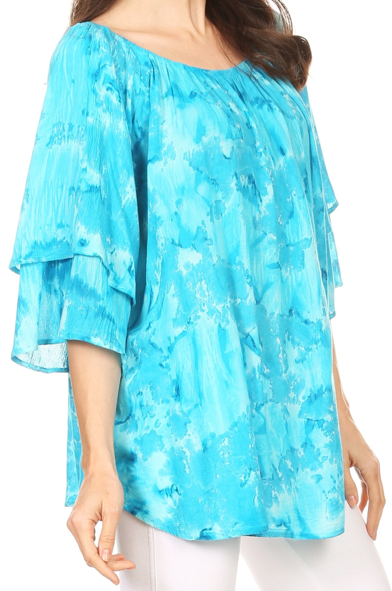 Sakkas Flora Watercolor Tie Dye Double Bell Sleeve Raglan Blouse