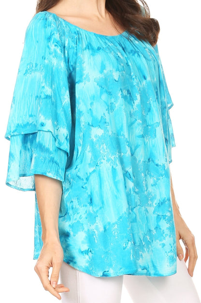 Sakkas Flora Watercolor Tie Dye Double Bell Sleeve Raglan Blouse