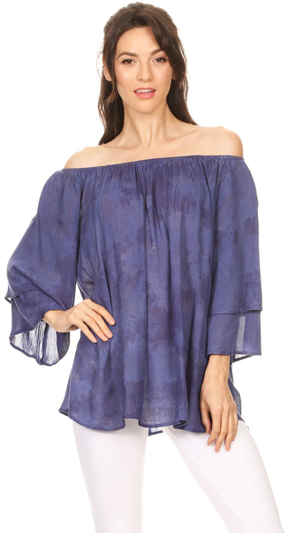 Sakkas Flora Watercolor Tie Dye Double Bell Sleeve Raglan Blouse