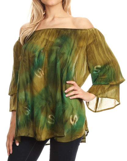 Sakkas Alania Watercolor Tie Dye Double Bell Sleeve Raglan Blouse