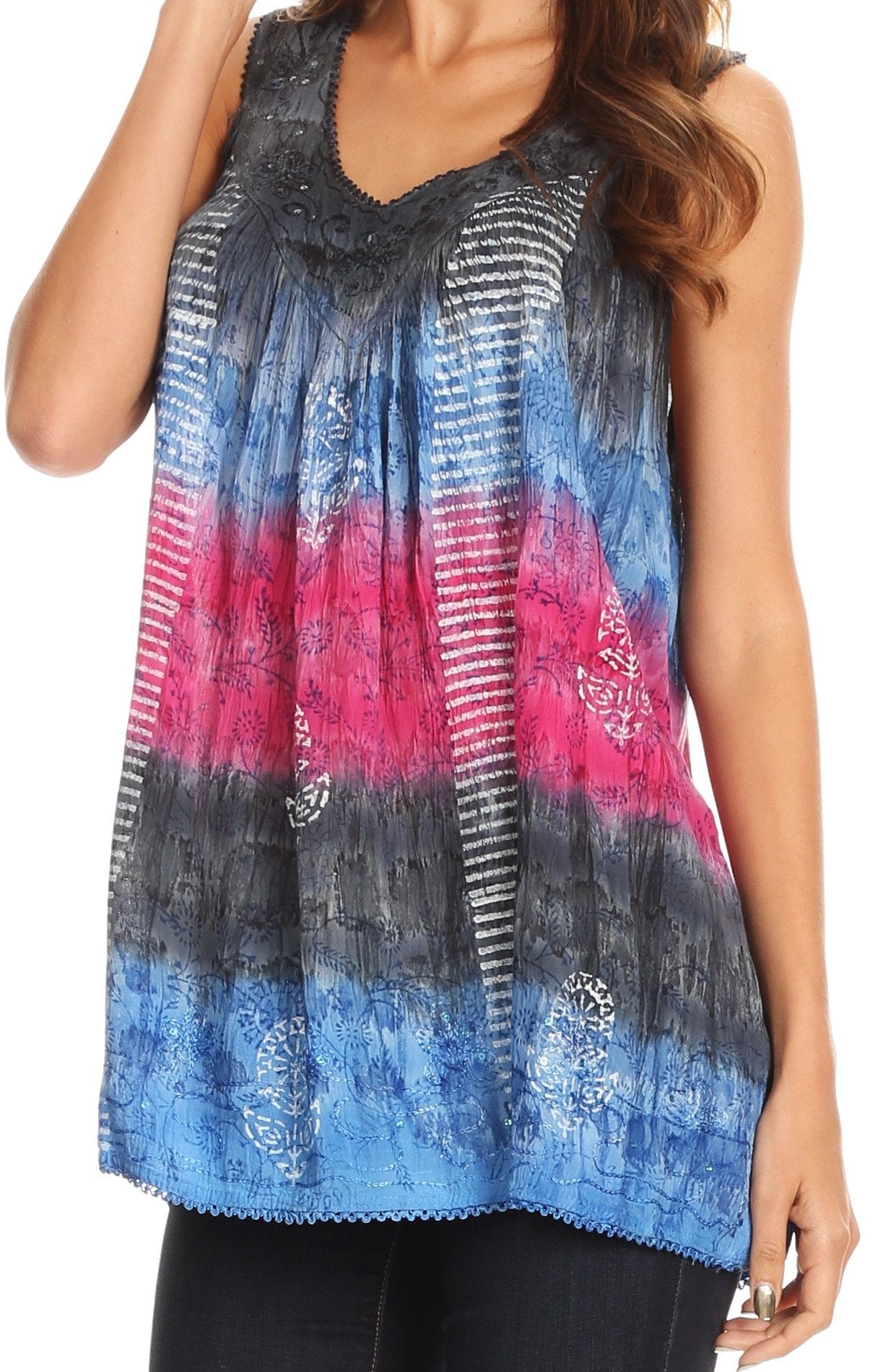 Sakkas Renee Dip Dye Floral Print Tank with Sequins and Embroidery