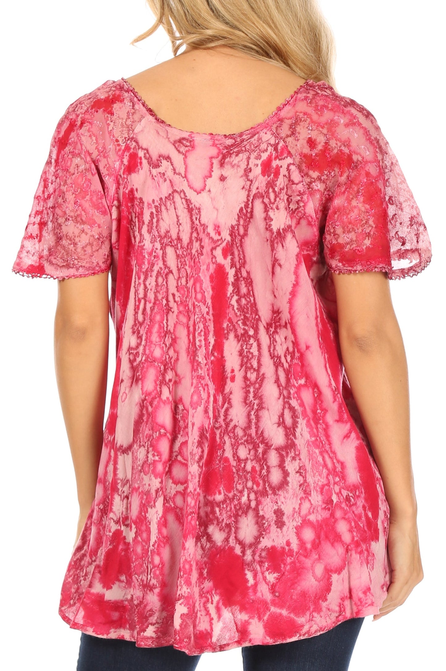 Sakkas Celia Marble Batik Short Sleeve Blouse/Top with Embroidery and Crochet