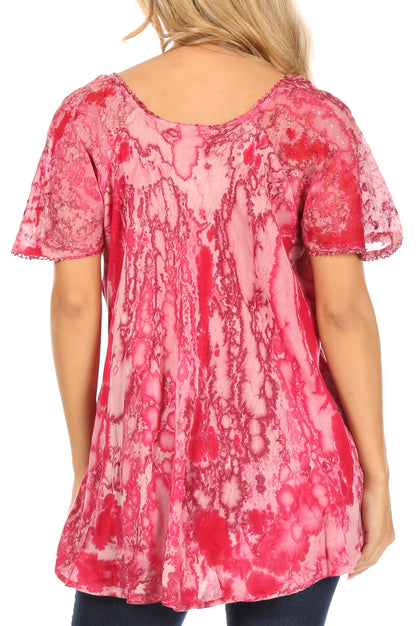 Sakkas Celia Marble Batik Short Sleeve Blouse/Top with Embroidery and Crochet