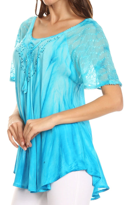 Sakkas Siri Ombre Tie Dye Embroidered Sheer Cap Sleeve Relaxed Fit Tunic Top
