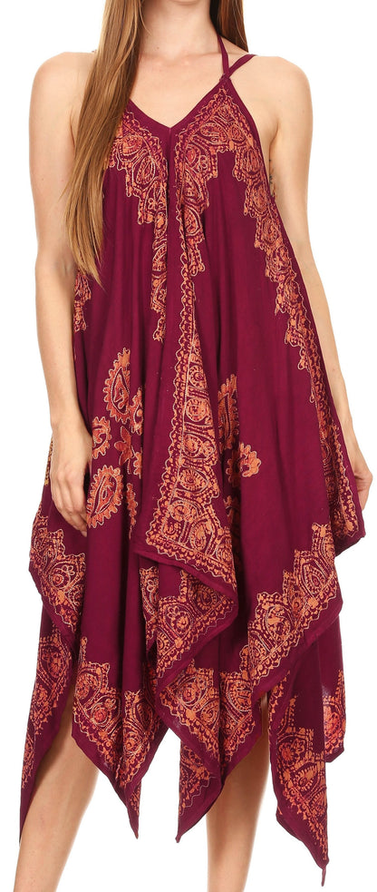 Sakkas Arminat Batik Print Adjustable Strap Embroidered Handkerchief Hem Dress
