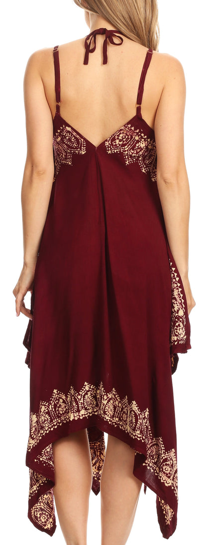 Sakkas Arminat Batik Print Adjustable Strap Embroidered Handkerchief Hem Dress