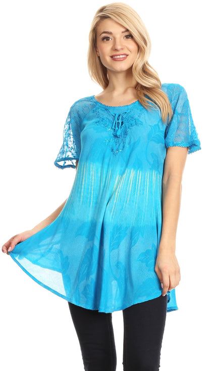 Sakkas Parisa Casual Summer Short Sleeve Top Blouse with Corset and Embroidery