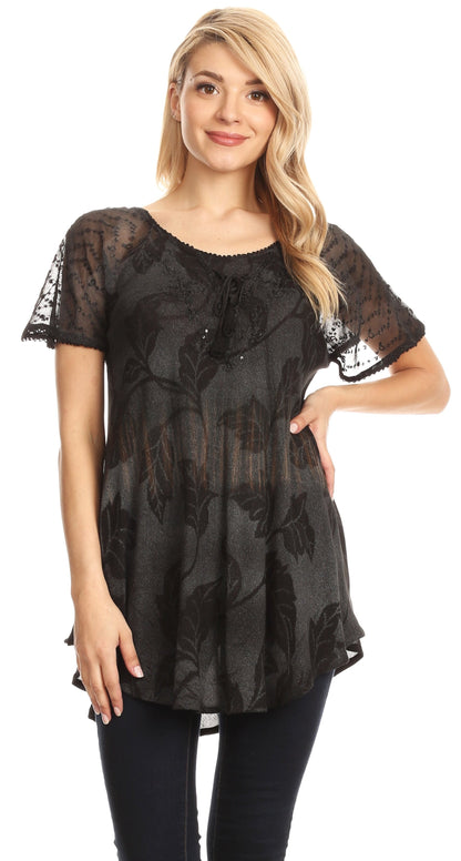 Sakkas Parisa Casual Summer Short Sleeve Top Blouse with Corset and Embroidery