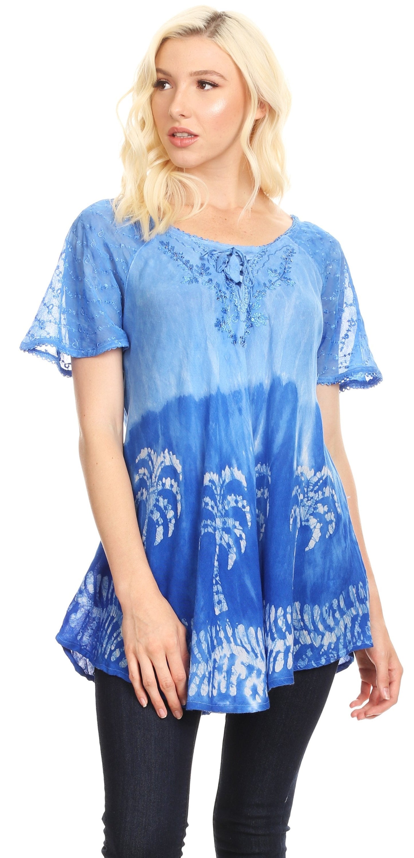 Sakkas Magda Womens Short Sleeve Flare Bohemian Blouse Top Lace Batik Printed
