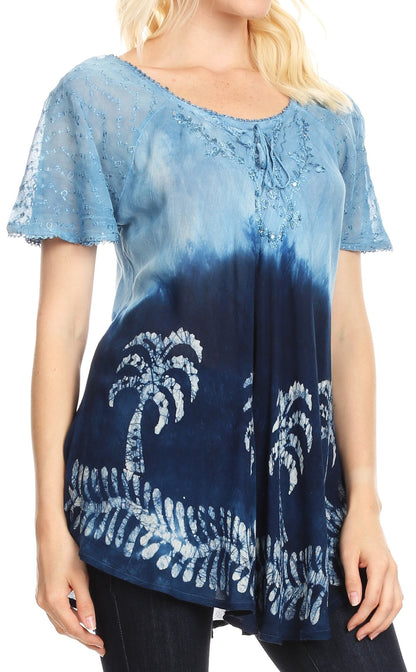 Sakkas Magda Womens Short Sleeve Flare Bohemian Blouse Top Lace Batik Printed