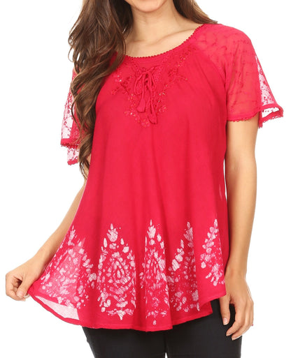 Sakkas Alberta Womens Short Sleeve Corset Blouse Top with Batik and Lace Sleeves