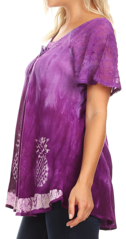 Sakkas Ivanna Womens Short Raglan Lace Sleeve Flowy Top Blouse Tie-dye & Batik