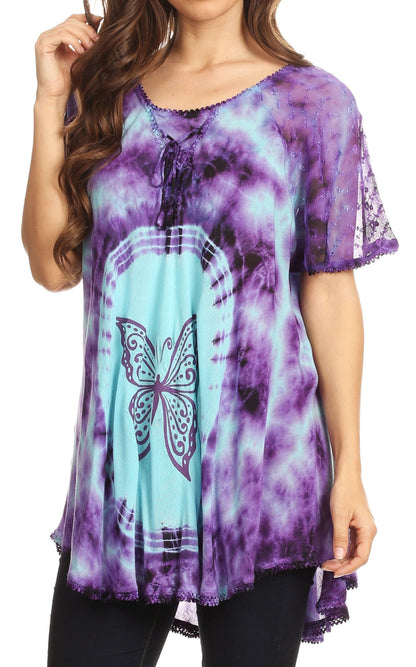 Sakkas Mayar Womens Tie-dye Short Sleeve Everyday Top Blouse with Lace & Corset