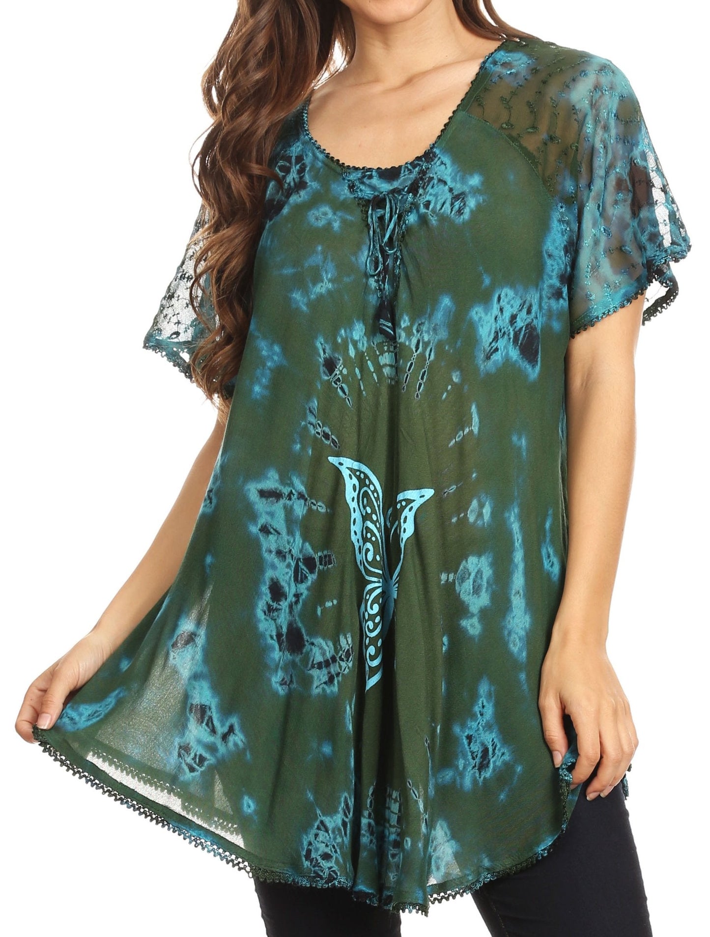 Sakkas Mayar Womens Tie-dye Short Sleeve Everyday Top Blouse with Lace & Corset