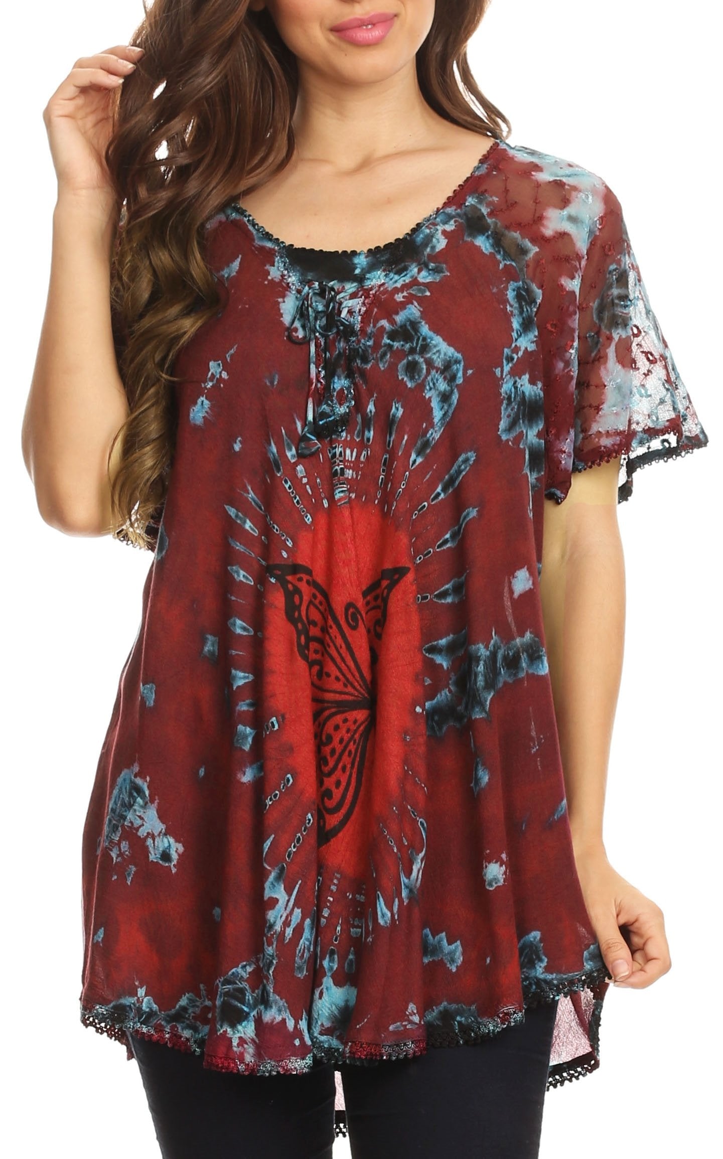 Sakkas Mayar Womens Tie-dye Short Sleeve Everyday Top Blouse with Lace & Corset