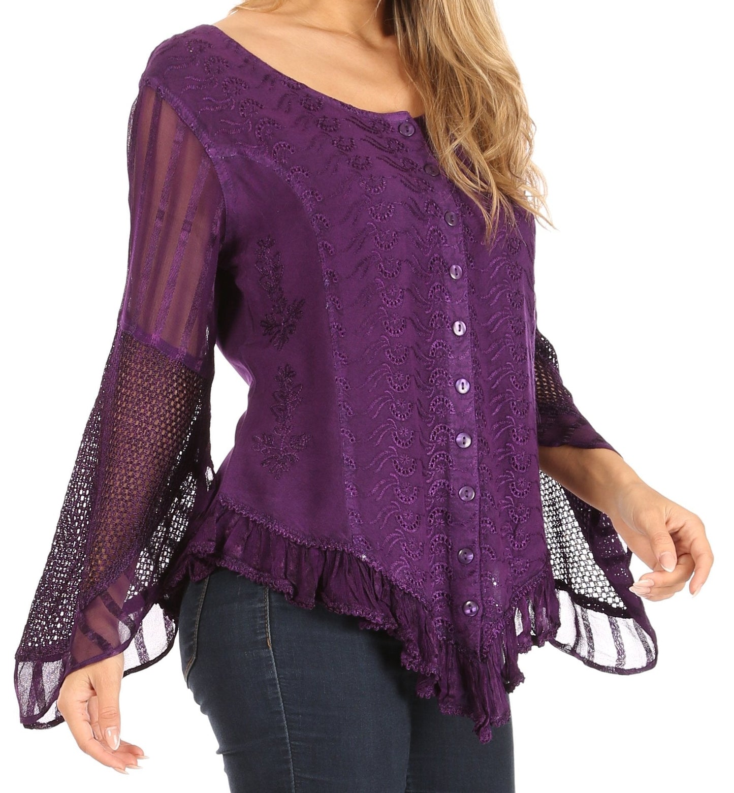 Sakkas Marga Womens Button Down Long Sleeve Top Blouse Shirt Lace Solid Simple
