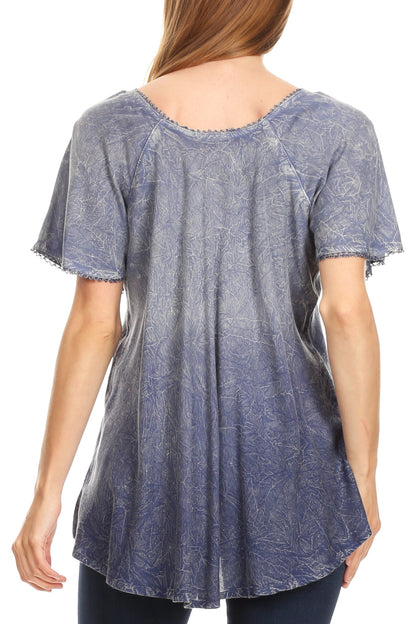 Sakkas Donna Women's Casual Lace Short Sleeve Tie Dye Corset Loose Top Blouse