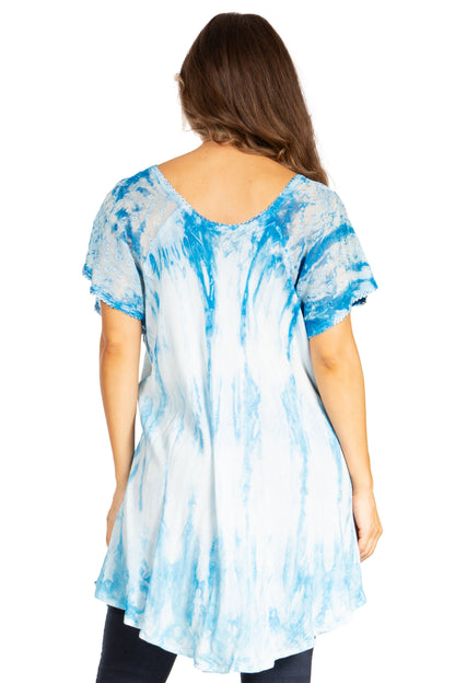 Sakkas Donna Women's Casual Lace Short Sleeve Tie Dye Corset Loose Top Blouse