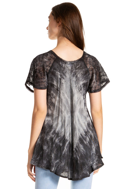 Sakkas Donna Women's Casual Lace Short Sleeve Tie Dye Corset Loose Top Blouse
