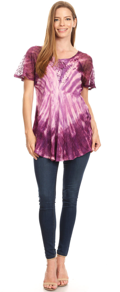 Sakkas Donna Women's Casual Lace Short Sleeve Tie Dye Corset Loose Top Blouse