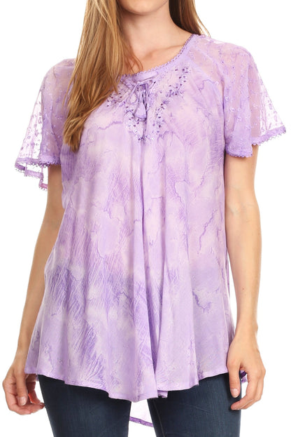 Sakkas Marzia Women's Loose Fit Short Sleeve Casual Tie Dye Batik Blouse Top Tunic