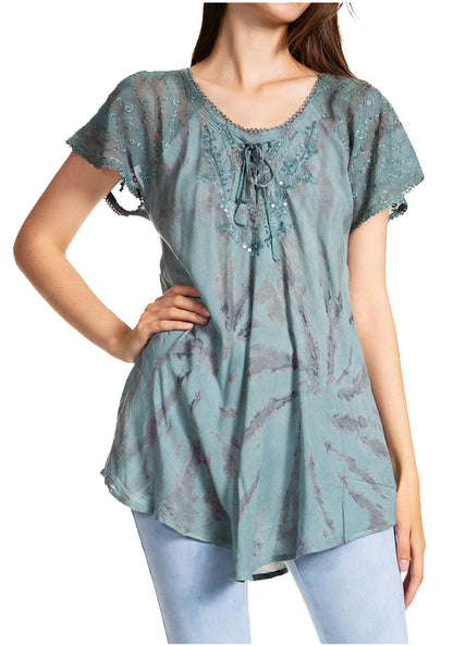 Sakkas Marzia Women's Loose Fit Short Sleeve Casual Tie Dye Batik Blouse Top Tunic