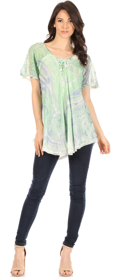 Sakkas Marzia Women's Loose Fit Short Sleeve Casual Tie Dye Batik Blouse Top Tunic