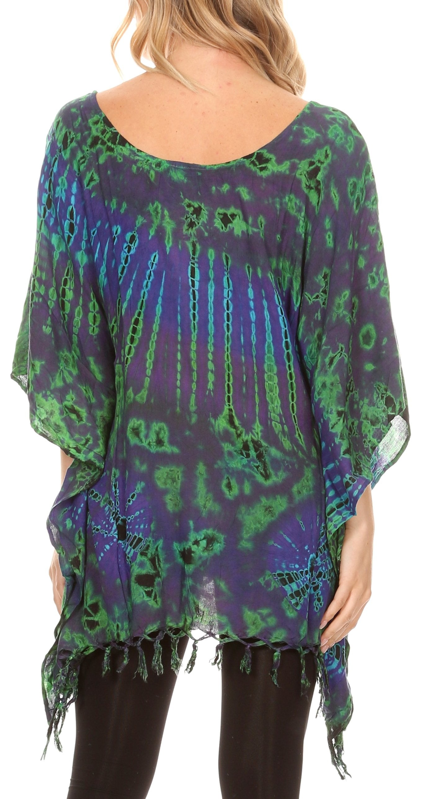 Sakkas Geno Round Neck Casual Boho Short Sleeve Loose Blouse Top Cover-up w/Fringe