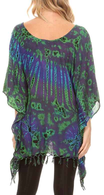 Sakkas Geno Round Neck Casual Boho Short Sleeve Loose Blouse Top Cover-up w/Fringe