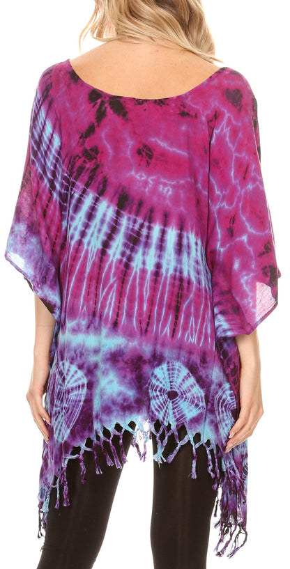 Sakkas Geno Round Neck Casual Boho Short Sleeve Loose Blouse Top Cover-up w/Fringe