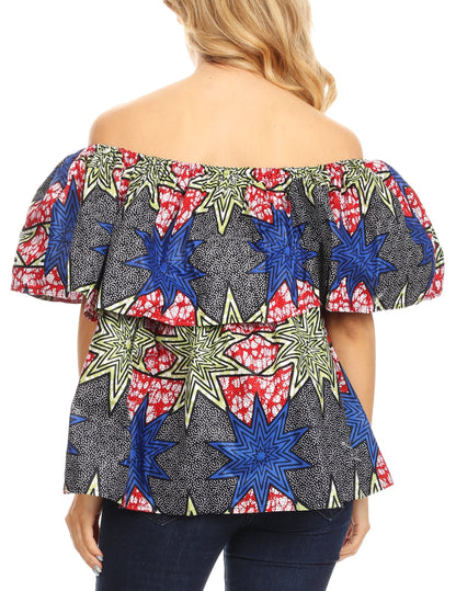 Sakkas Imani Colorful Wax African Ankara Dutch Off-shoulder Blouse Top Gorgeous