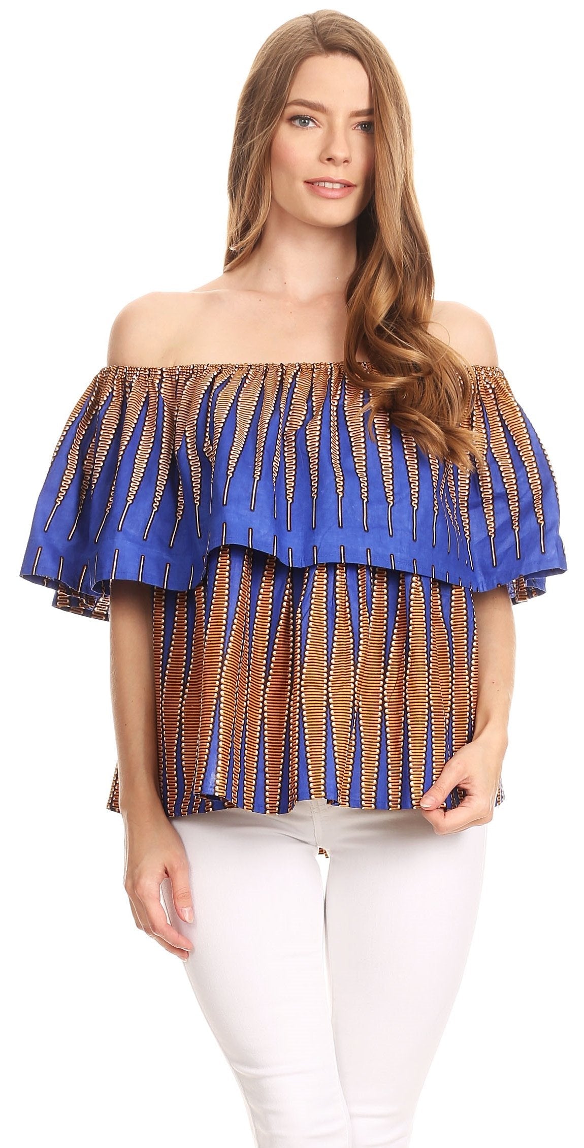 Sakkas Imani Colorful Wax African Ankara Dutch Off-shoulder Blouse Top Gorgeous
