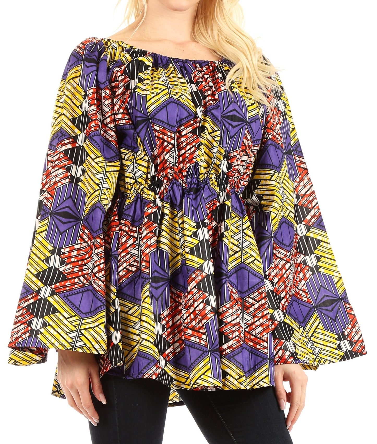 Sakkas Mela Women's Long Sleeve Peplum Off Shoulder Blouse Top in African Ankara
