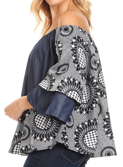Sakkas Desta Off-shoulder Tent Top Blouse on Chambray and Wax African Ankara Print