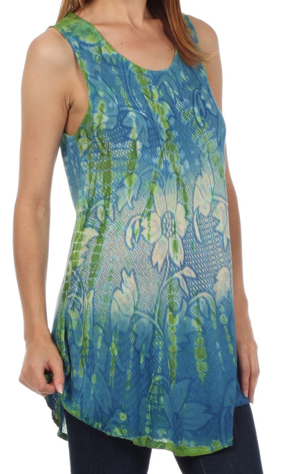 Sakkas Ombre Floral Tie Dye Flared Hem Sleeveless Rayon Tunic Blouse