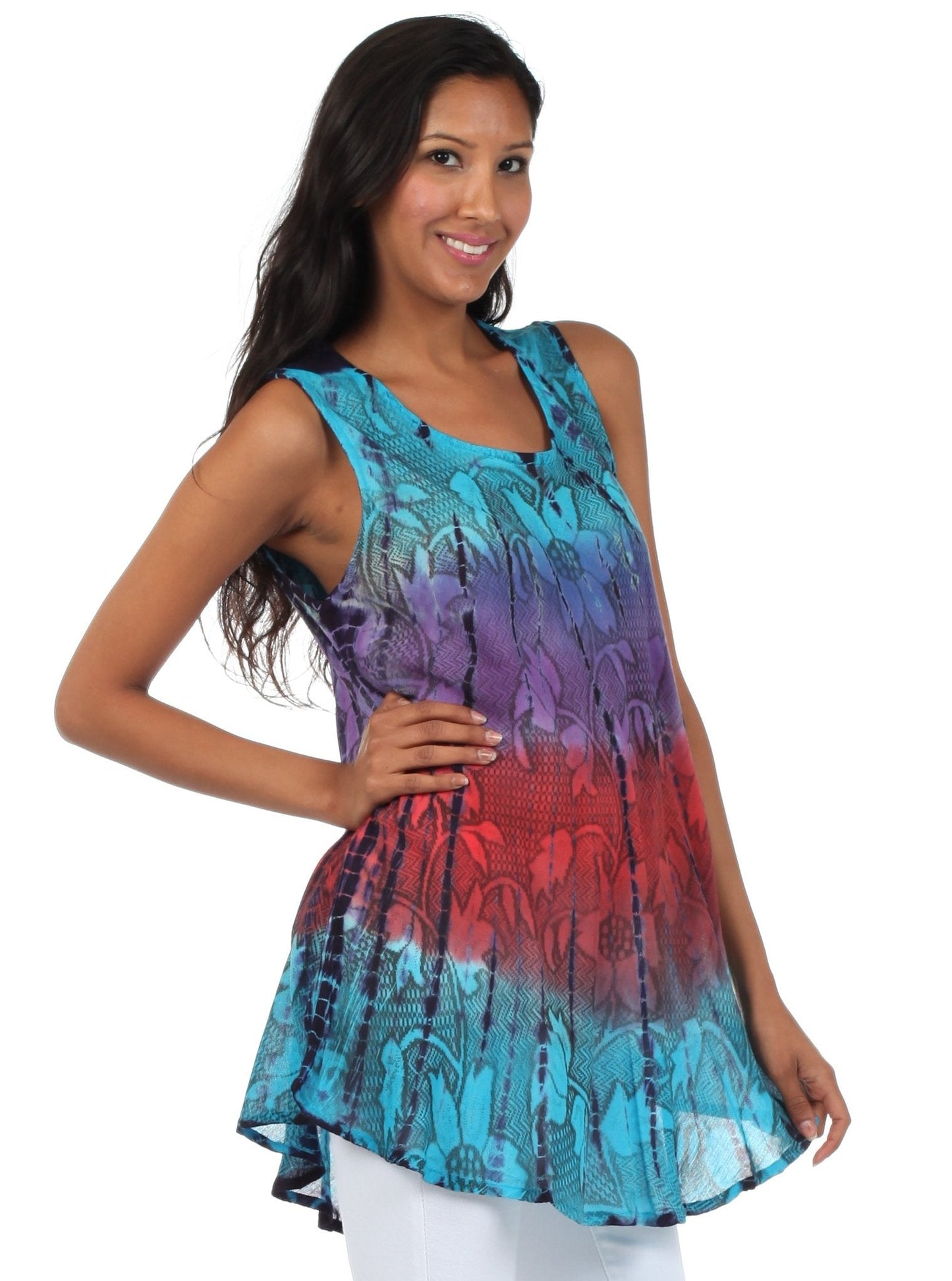 Sakkas Ombre Floral Tie Dye Flared Hem Sleeveless Rayon Tunic Blouse