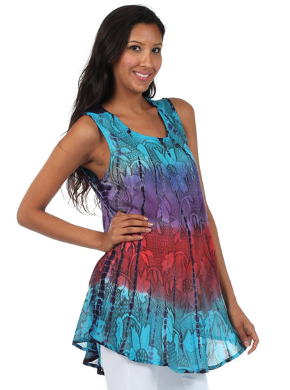 Sakkas Ombre Floral Tie Dye Flared Hem Sleeveless Rayon Tunic Blouse