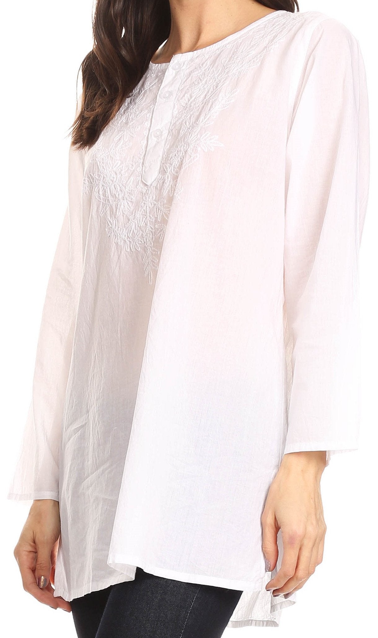 Sakkas Ariana Long Sleeve Button Up Blouse with Floral Embroidery