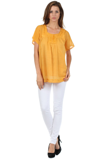 Sakkas Square Neck Button Detail Semi-Sheer Gauzy Cotton Blouse