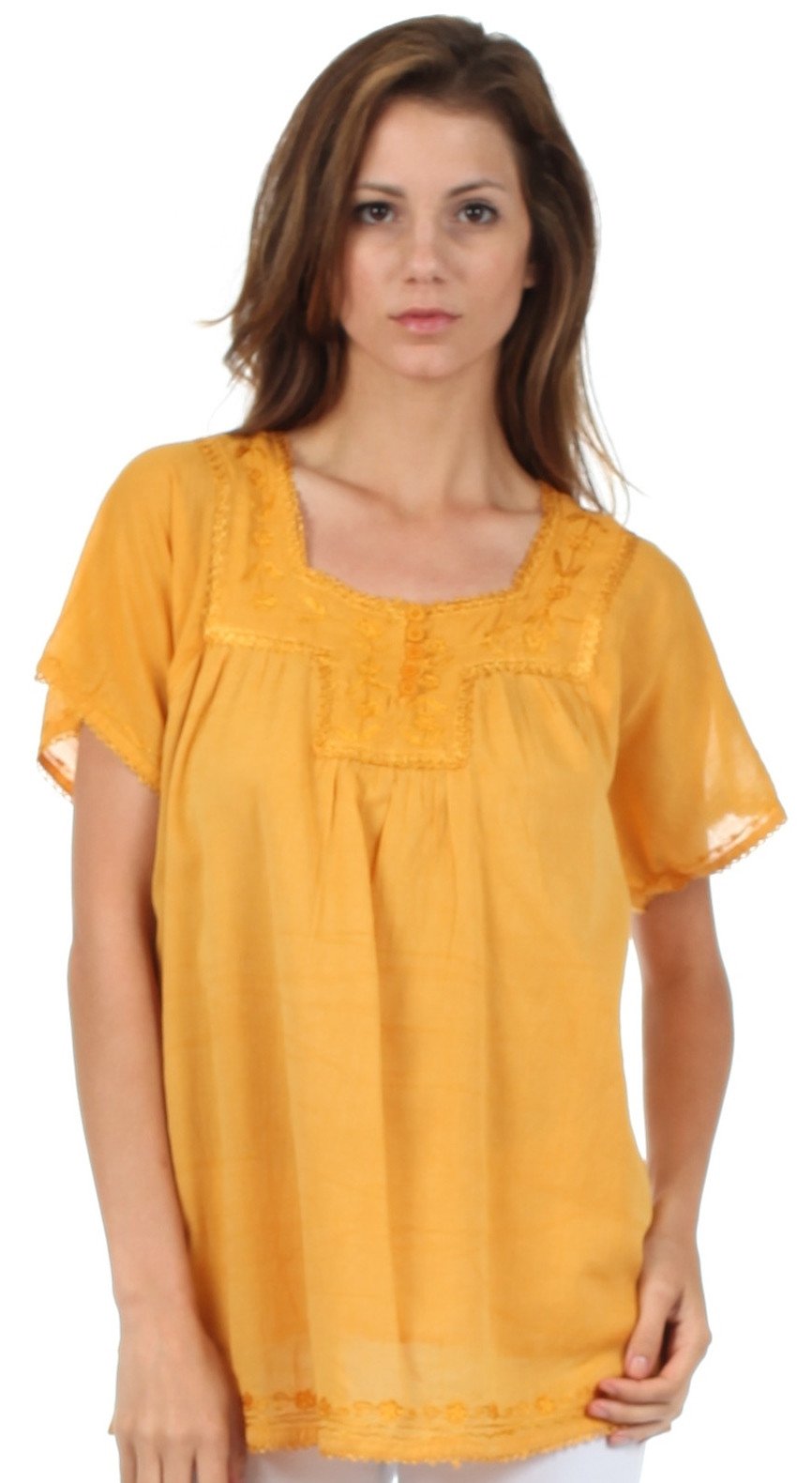 Sakkas Square Neck Button Detail Semi-Sheer Gauzy Cotton Blouse