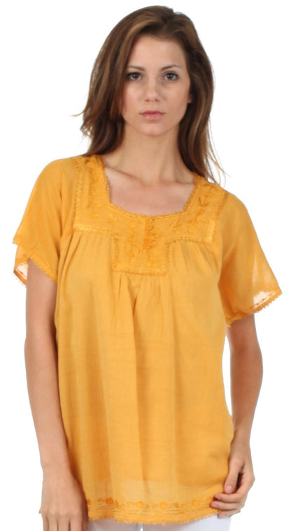 Sakkas Square Neck Button Detail Semi-Sheer Gauzy Cotton Blouse