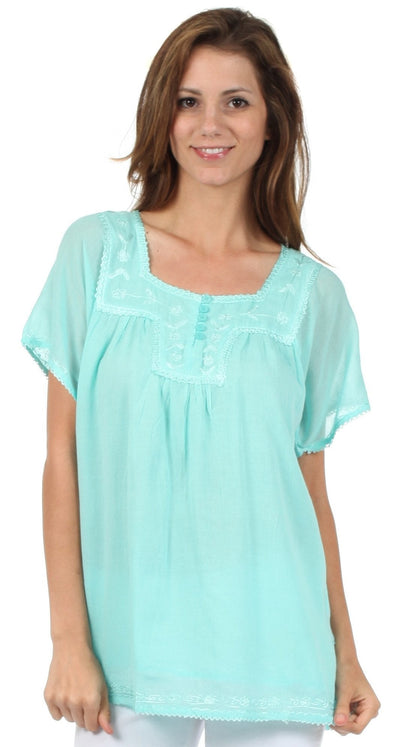 Sakkas Square Neck Button Detail Semi-Sheer Gauzy Cotton Blouse