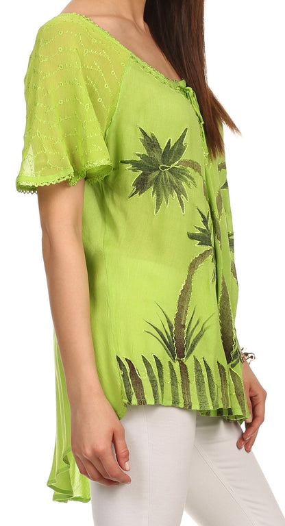 Sakkas Albina Island Relaxed Fit Embroidery Cap Sleeves Blouse / Top