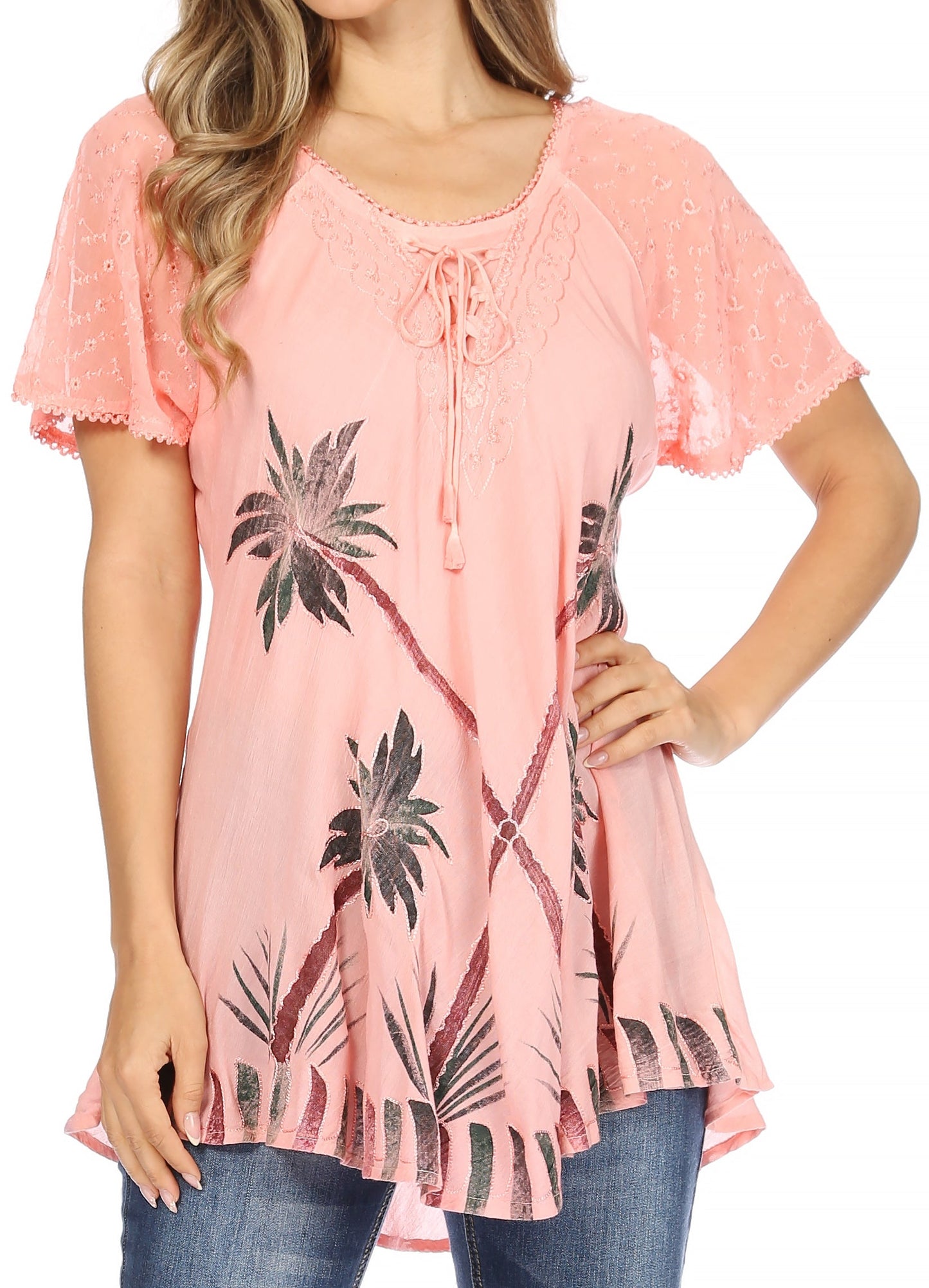 Sakkas Albina Island Relaxed Fit Embroidery Cap Sleeves Blouse / Top