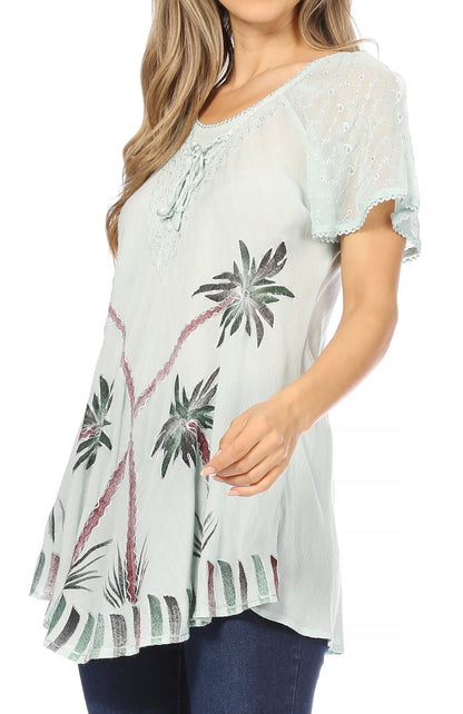 Sakkas Albina Island Relaxed Fit Embroidery Cap Sleeves Blouse / Top